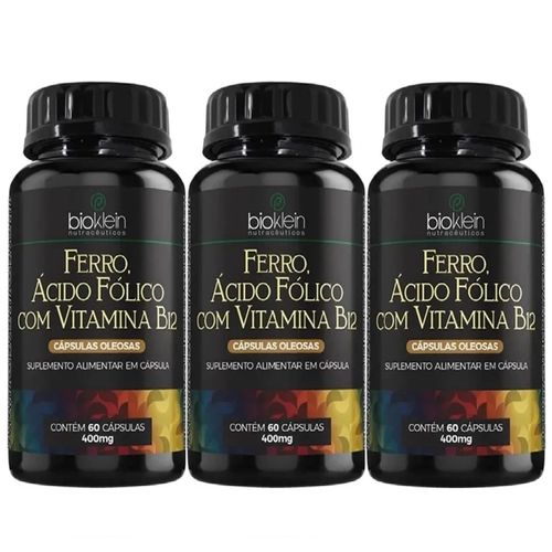 KIT 03 OLEO FERRO, ACIDO FOLICO C/ VITAMINA B12 400mg  60 Caps BIOKLEIN KIT 03 OLEO FERRO, ACIDO FOLICO C/ VITAMINA B12 400mg  60 Caps BIOKLEIN