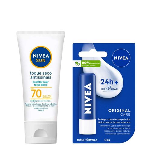 Kit-Nivea-Hidratante-Labial-Original-Care-4-8g---Protetor-Solar-Facial-Sun-FPS70-40ml Kit-Nivea-Hidratante-Labial-Original-Care-4-8g---Protetor-Solar-Facial-Sun-FPS70-40ml