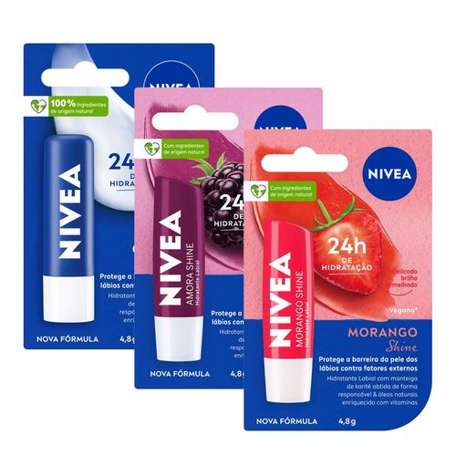 Kit-Nivea-Hidratante-Labial-Shine-Morango---Original-Care---Amora-4-8g-Cada Kit-Nivea-Hidratante-Labial-Shine-Morango---Original-Care---Amora-4-8g-Cada