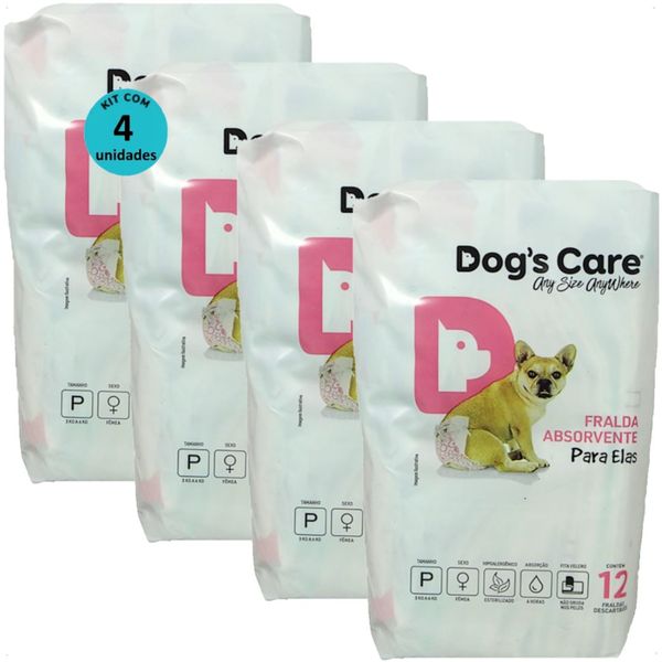 FRALDA HIGIÊNICA DESCARTÁVEL DOGS CARE P 12 UN PARA CÃES FÊMEAS KIT COM 4