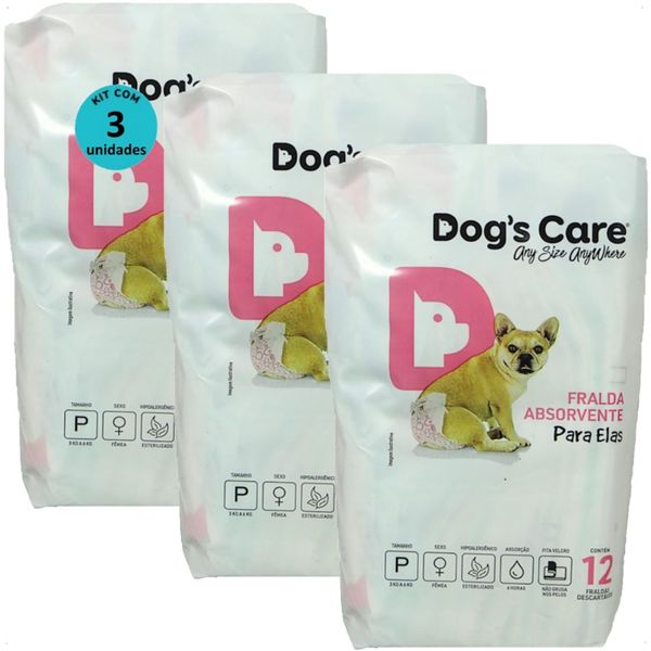 FRALDA HIGIÊNICA DESCARTÁVEL DOGS CARE P 12 UN PARA CÃES FÊMEAS KIT COM 3
