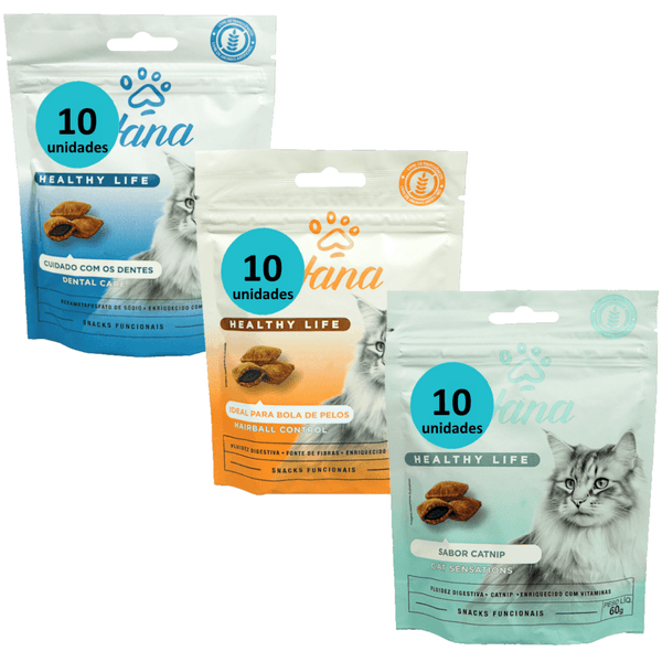 PETISCO SNACK HANA GATOS KIT COM 10 DENTAL + 10 HAIRBALL + 10 SENSATIONS