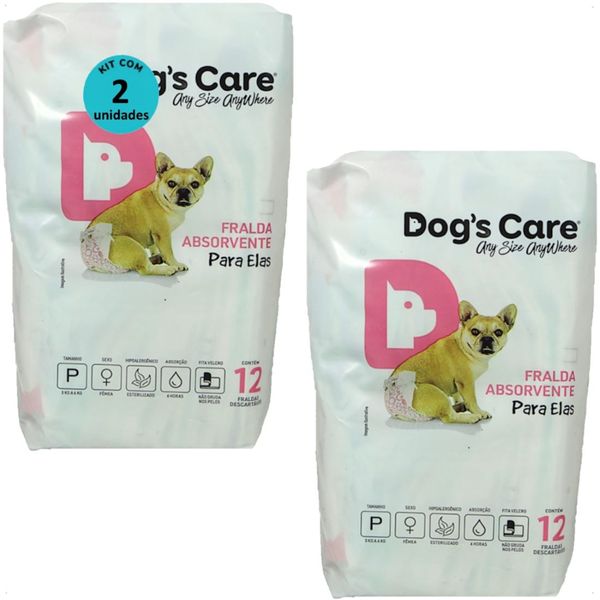 FRALDA HIGIÊNICA DESCARTÁVEL DOGS CARE P 12 UN PARA CÃES FÊMEAS KIT COM 2