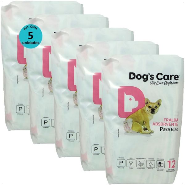 FRALDA HIGIÊNICA DESCARTÁVEL DOGS CARE P 12 UN PARA CÃES FÊMEAS KIT COM 5