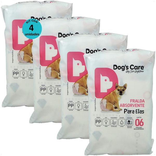 FRALDA HIGIÊNICA DESCARTÁVEL DOGS CARE PP 6 UN PARA CÃES FÊMEAS KIT COM 4