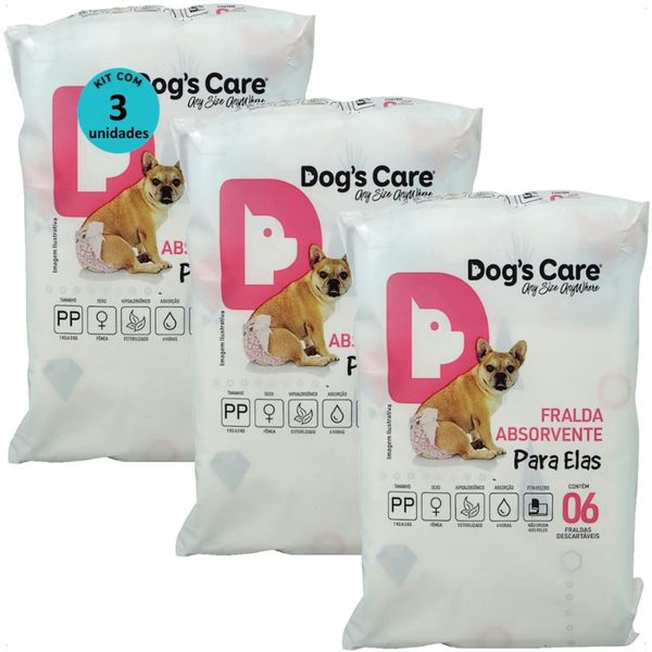 FRALDA HIGIÊNICA DESCARTÁVEL DOGS CARE PP 6 UN PARA CÃES FÊMEAS KIT COM 3