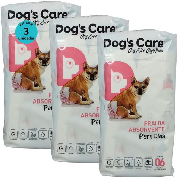 FRALDA HIGIÊNICA DESCARTÁVEL DOGS CARE G 6 UN PARA CÃES FÊMEAS KIT COM 3