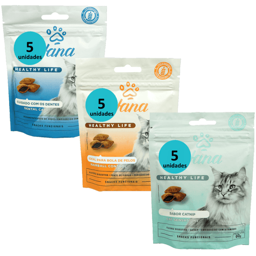 PETISCO SNACK HANA GATOS KIT COM 5 DENTAL + 5 HAIRBALL + 5 SENSATIONS