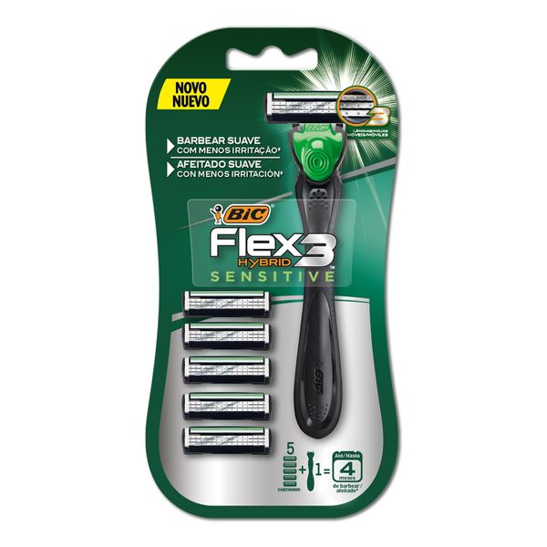 Barbeador Bic Flex 3 Recarregável Sensitive 1 Cabo + 5 Cartuchos