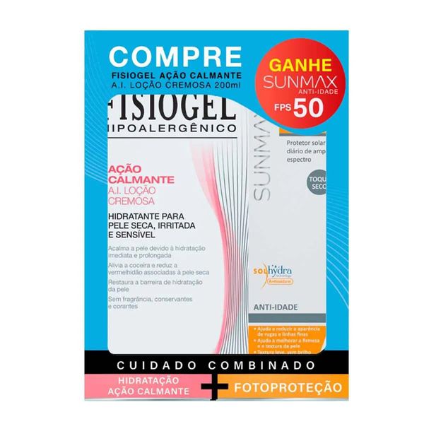 Kit Loção Cremosa Fisiogel A.I Ação Calmante 200ml + Protetor Solar Sunmax Pele Seca FPS50 60ml