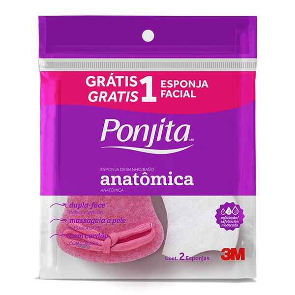 Esponja Para Banho Dupla Face Ponjita Anatômica Com Cordão + Esponja Facial
