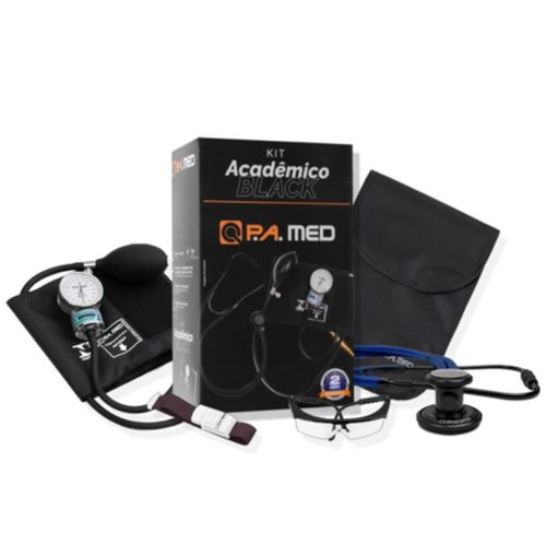 Kit acadêmico Total Black (esfigmonamômetro + estetoscópio + bolsa + óculos de proteção + garrote) - PA Med