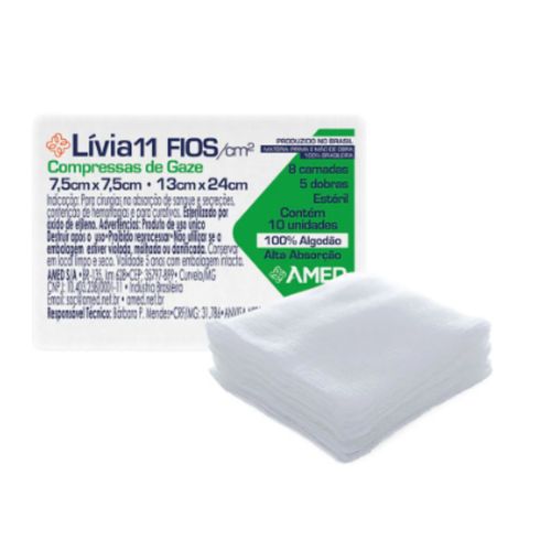 Compressa de gaze 7,5X7,5cm 11F (pacote com 10 unidades) Livia - América Compressa de gaze 7,5X7,5cm 11F (pacote com 10 unidades) Livia - América