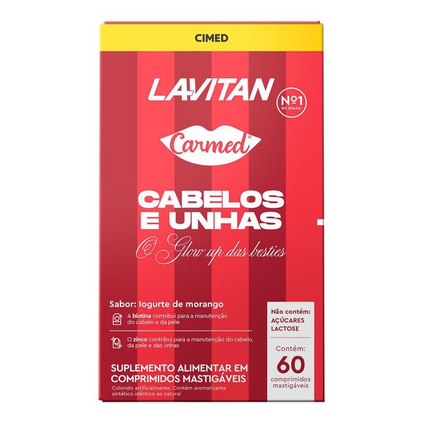 Suplemento Alimentar Lavitan Carmed Cabelos e Unhas Iogurte de Morango 60 Comprimidos Mastigáveis