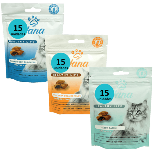 PETISCO SNACK HANA GATOS KIT COM 15 DENTAL + 15 HAIRBALL + 15 SENSATIONS