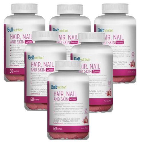 6x Belt Hair, Nail And Skin Gummy-Morango-60 gomas