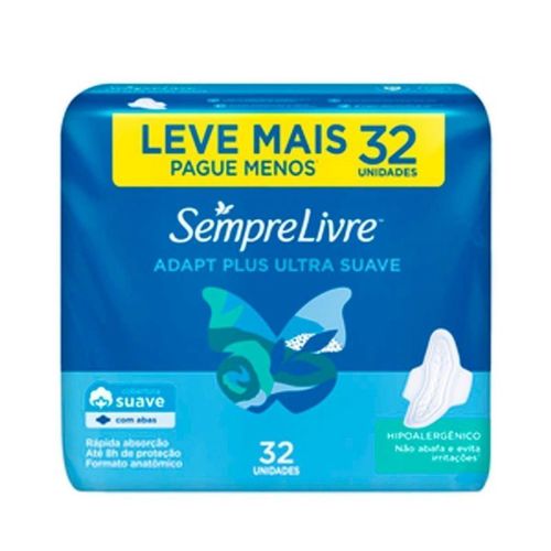 Kit c/9 Absorvente Sempre Livre Com 32 Unidades Adapt Plus Suave Com Abas