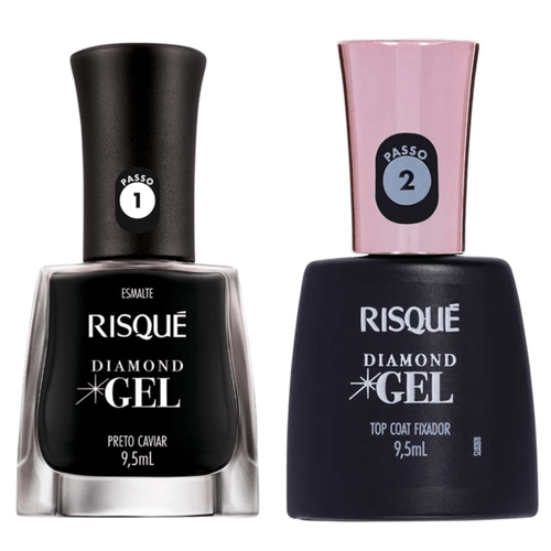 Kit Esmalte Risque Diamond Gel Preto Caviar + Fixador Top Coat