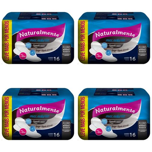 Kit c/4 Absorventes Naturalmente Max Noturno com Abas C/16 Unidades cada Kit c/4 Absorventes Naturalmente Max Noturno com Abas C/16 Unidades cada