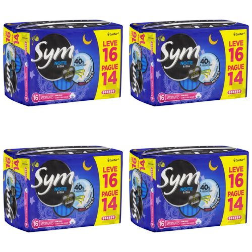 Kit c/4 Absorventes Sym Total Protect Noite e Dia Cobertura Suave Com Abas 16 Unidades cada