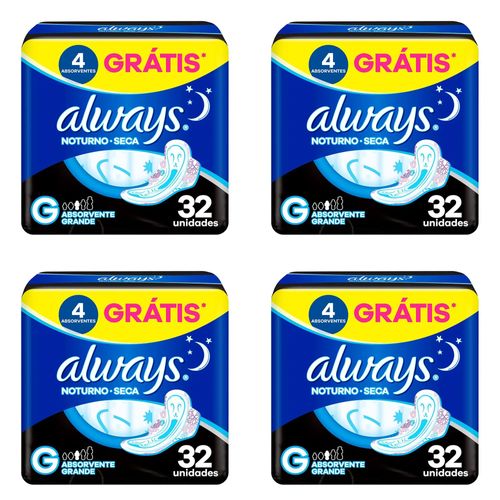Kit c/4 Absorventes Cobertura Seca Noturno Com Abas Always Simples c/32 Unidades cada Kit c/4 Absorventes Cobertura Seca Noturno Com Abas Always Simples c/32 Unidades cada
