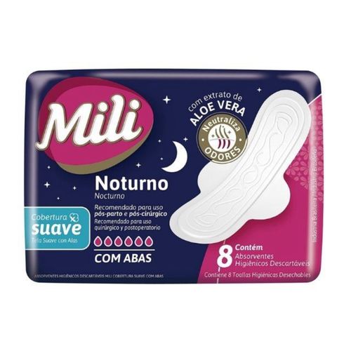 Kit c/16 Absorvente Mili Noturno Suave Com Abas 8 Unidades