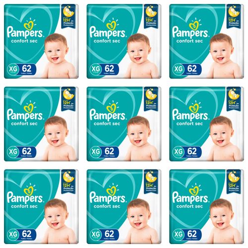 Kit 9 Fraldas Pampers Confort Sec Plus XG com 62 unidades cada Kit 9 Fraldas Pampers Confort Sec Plus XG com 62 unidades cada