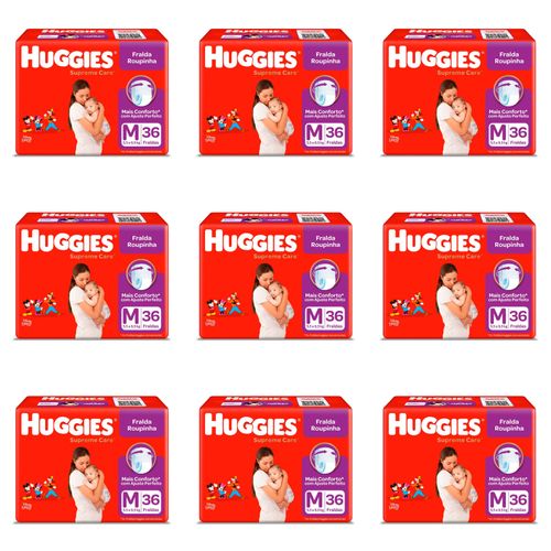 Kit 9 Fraldas Huggies Roupinha Supreme Care M c/36 Unidades cada
