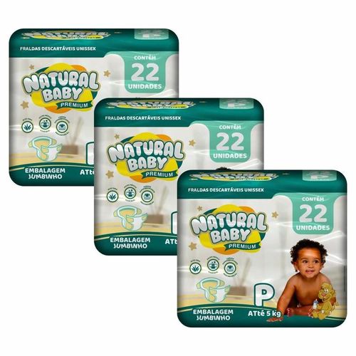 Kit 3 Fraldas Natural Baby Premium Jumbinho P c/22 Unidades cada