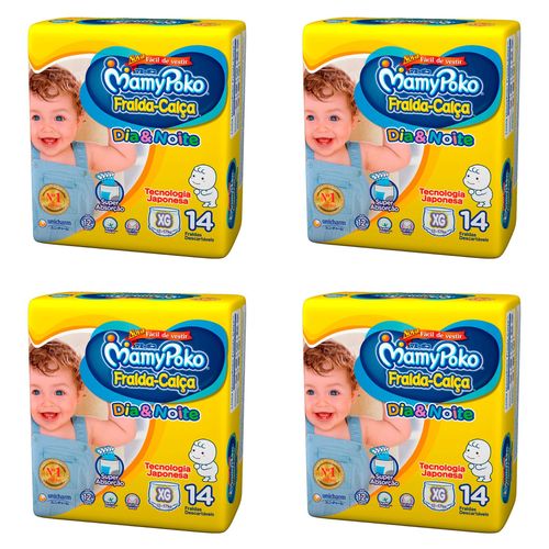 Kit 4 Fraldas Calça MamyPoko Dia e Noite Tamanho XG com 14 Unidades cada Kit 4 Fraldas Calça MamyPoko Dia e Noite Tamanho XG com 14 Unidades cada