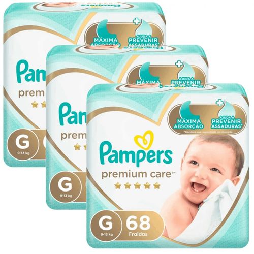 Kit 3 Fraldas Pampers Premium Care G 68 Unidades