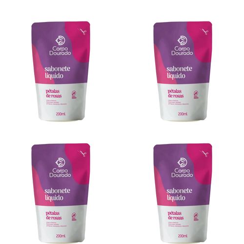 Kit c/4 Sabonetes Líquido Corpo Dourado Pouch Petalas De Rosa 200ml