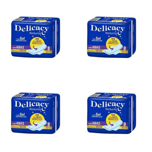 Kit c/4 Absorventes Delicacy Noturno C/Abas Cobertura Suave C/8 Unidades cada
