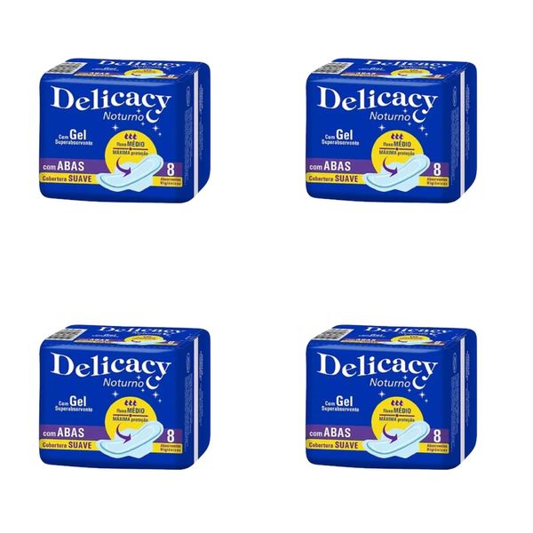 Kit c/4 Absorventes Delicacy Noturno C/Abas Cobertura Suave C/8 Unidades cada