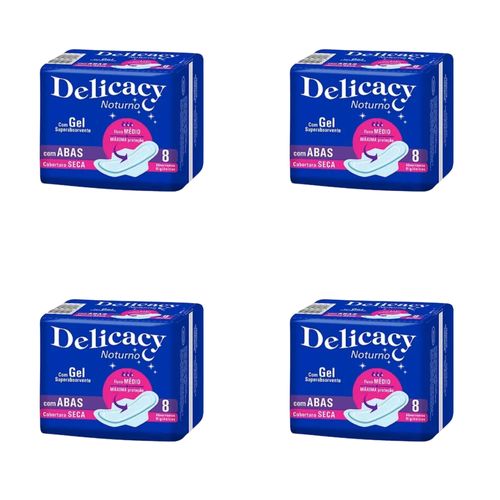 Kit c/4 Absorvente Delicacy Noturno C/Abas Cobertura Seca C/8 Unidades