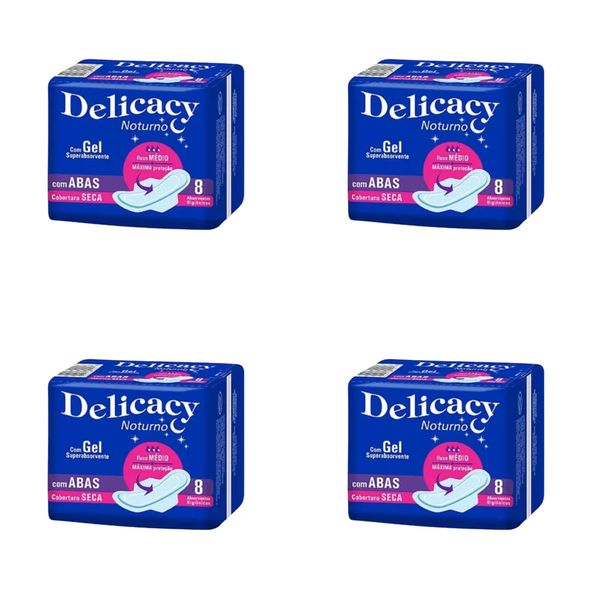 Kit c/4 Absorvente Delicacy Noturno C/Abas Cobertura Seca C/8 Unidades