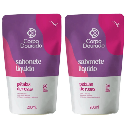 Kit c/2 Sabonetes Líquido Corpo Dourado Pouch 200ml Petalas De Rosa