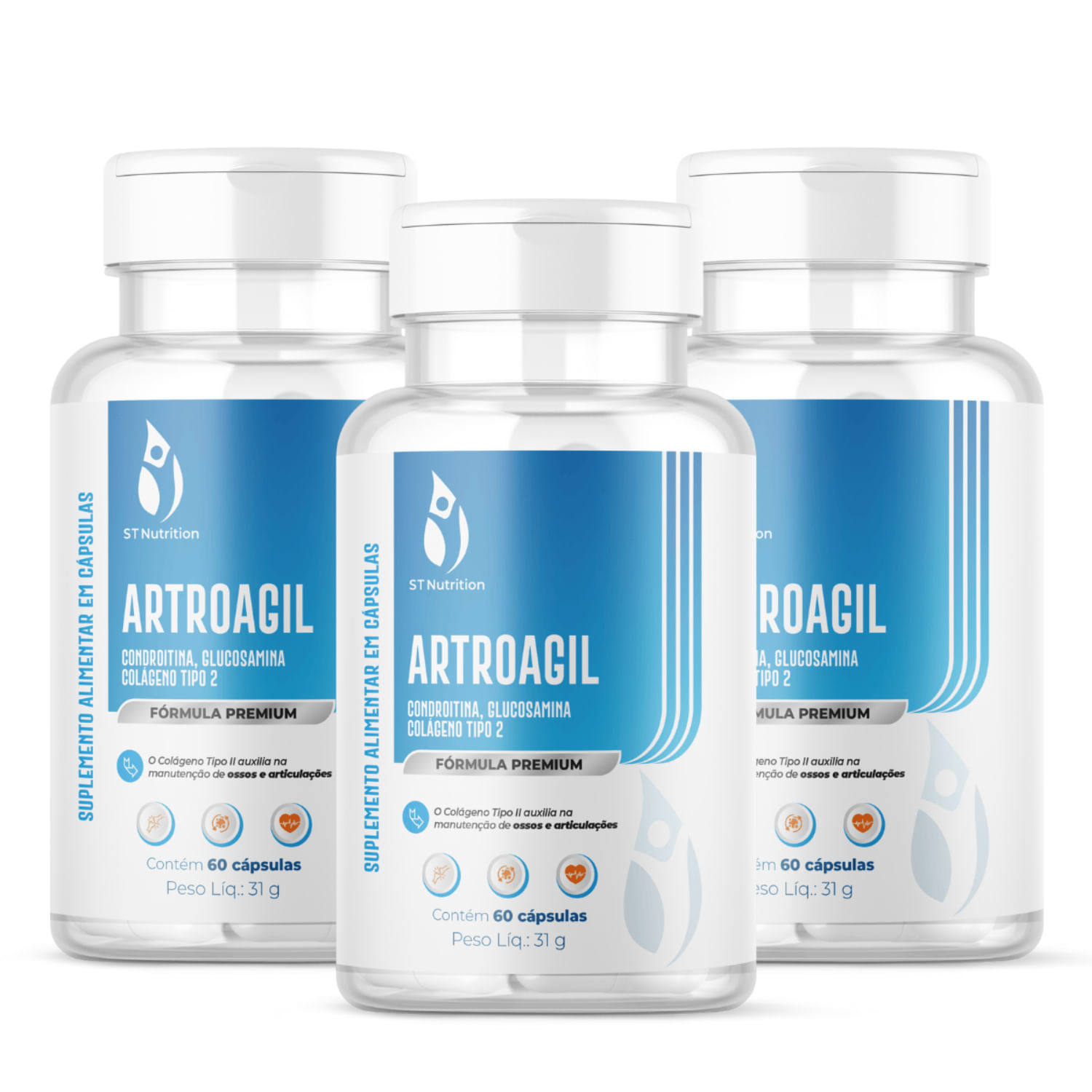 Kit 3 ArtroAgil ST Nutrition 60Caps Condro Glucosamina Colágeno II