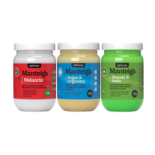 Kit 3 Manteigas Soft Hair 220g Hidratação, Nutrição e Reconstrução
