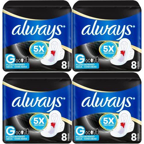 Kit c/4 Absorvente Cobertura Seca Noturno Com Abas Always Simples 8 Unidades