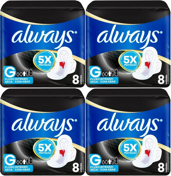 Kit c/4 Absorvente Cobertura Seca Noturno Com Abas Always Simples 8 Unidades