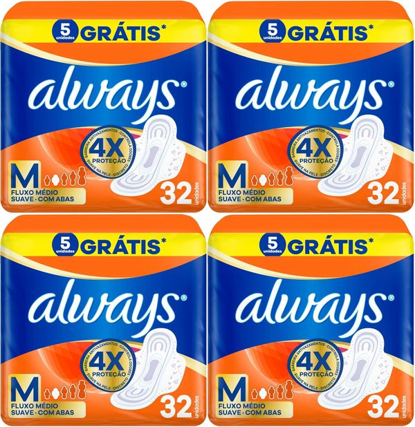Kit c/4 Absorventes Always Pink Suave Com Aba 32 Unidades cada