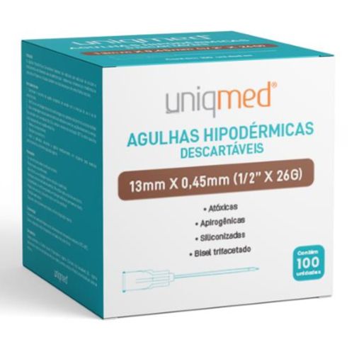 Agulha Descartável Hipodérmica (caixa com 100 unidades) - Uniqmed 13x0,45mm