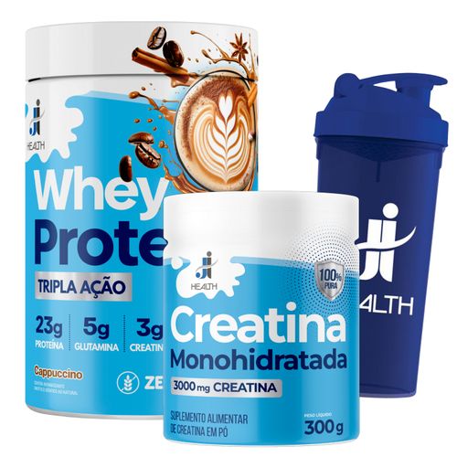 COMBO Whey Protein + Creatina Pura J I Health - Ganhe 1 Coqueteleira -Melhor Custo-benefício Cappuccino