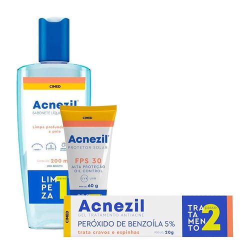 Kit-Acnezil-Sabonete-Facial-200ml-Protetor-Solar-FPS-30-60g-Gel-Antiacne-5-20g Kit-Acnezil-Sabonete-Facial-200ml-Protetor-Solar-FPS-30-60g-Gel-Antiacne-5-20g