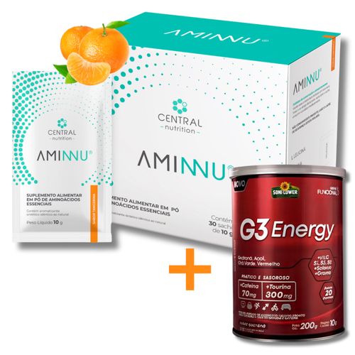 Aminnu® Tradicional - 10g 30 Sachês - Central Nutrition - Sabor Tangerina + G3 Energy Cafeína Taurina Pré Treino Aminnu® Tradicional - 10g 30 Sachês - Central Nutrition - Sabor Tangerina + G3 Energy Cafeína Taurina Pré Treino