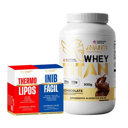 Kit Whey Titan Importado 930g + InibFácil + ThermoLipos Chocolate
