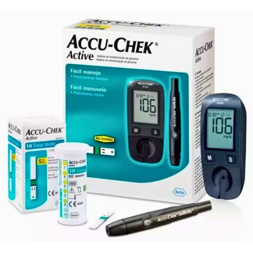Medidor Glicose Aparelho de Glicemia Accu Chek Active com Tiras e Lanceta Accu Chek 10