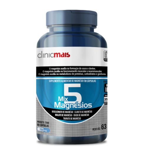 5 Mix Magnésios 90 cápsulas 700mg ClinicMais Sem Sabor Não contém Único 5 Mix Magnésios 90 cápsulas 700mg ClinicMais Sem Sabor Não contém Único