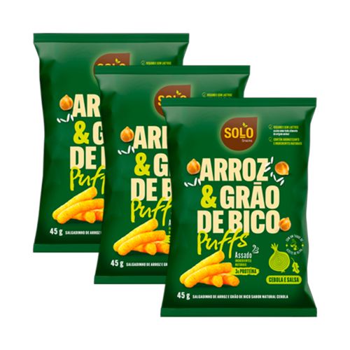 Kit 3X: Snack Puffs Arroz e Grão de Bico Cebola e Salsa Solo Snacks 45g